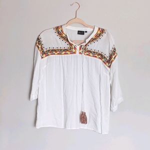 Blue Earth White Blouse With vibrant embroidery